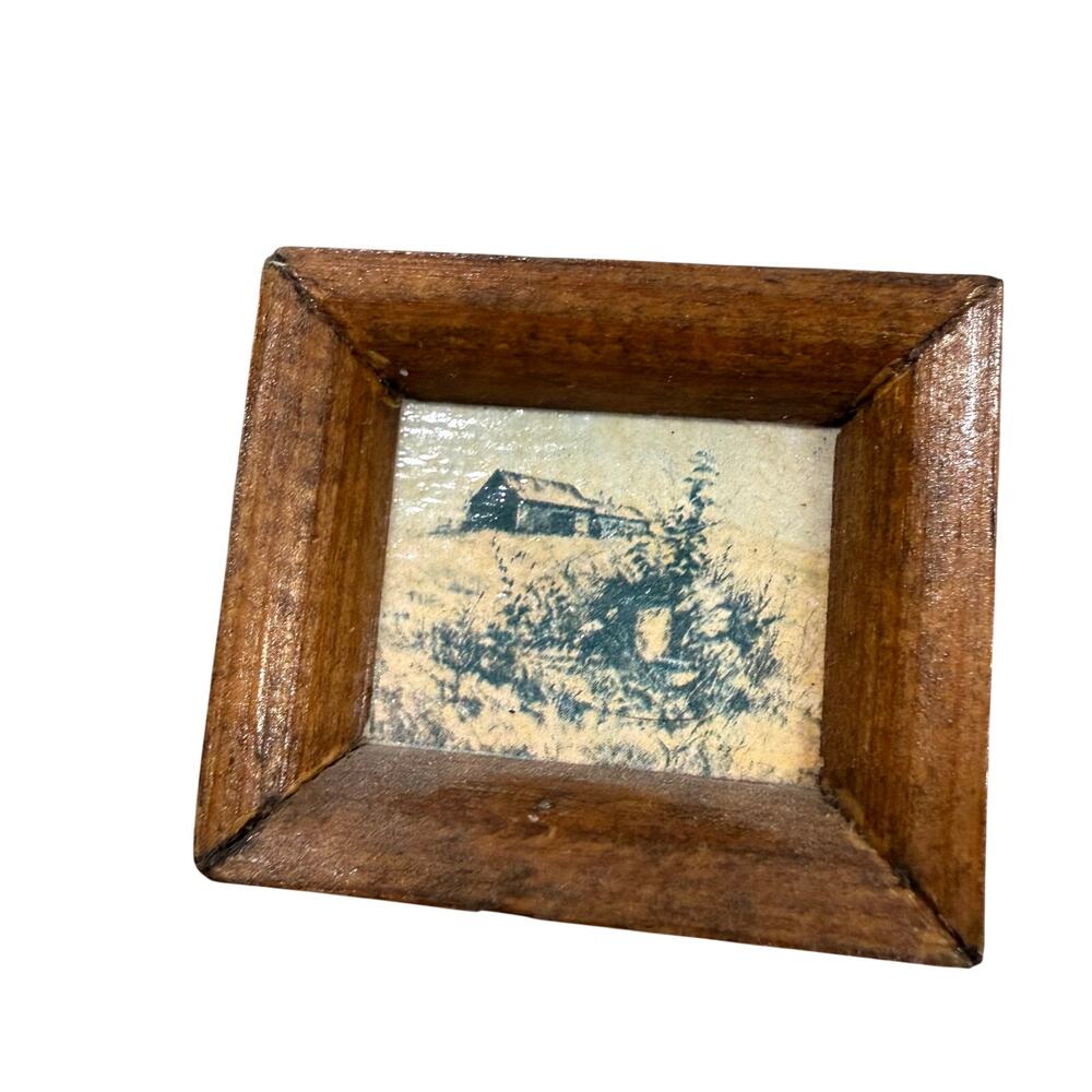 Vintage Small Wood Framed Art Print Farm Building Field 1.75x2 Wall Decor